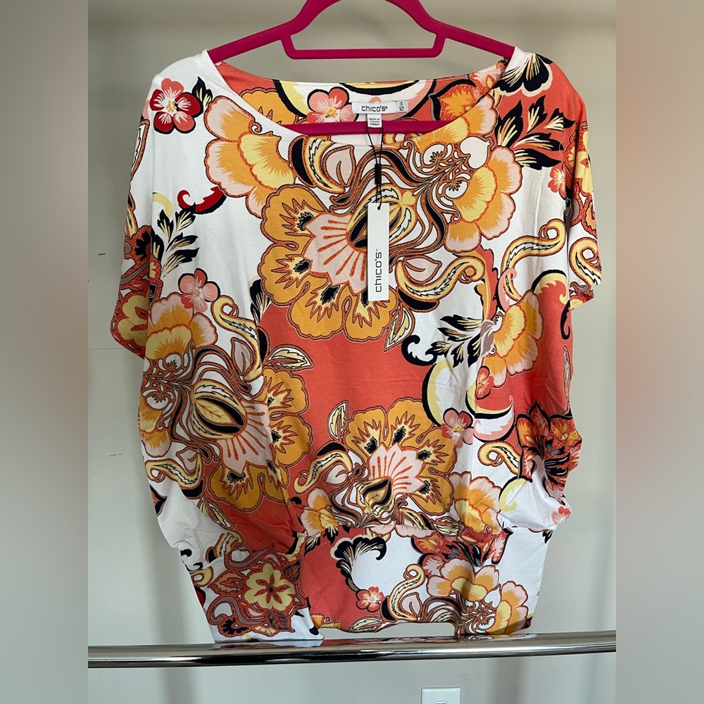Chico's Floral Print Blouse - Orange, Yellow, and Black